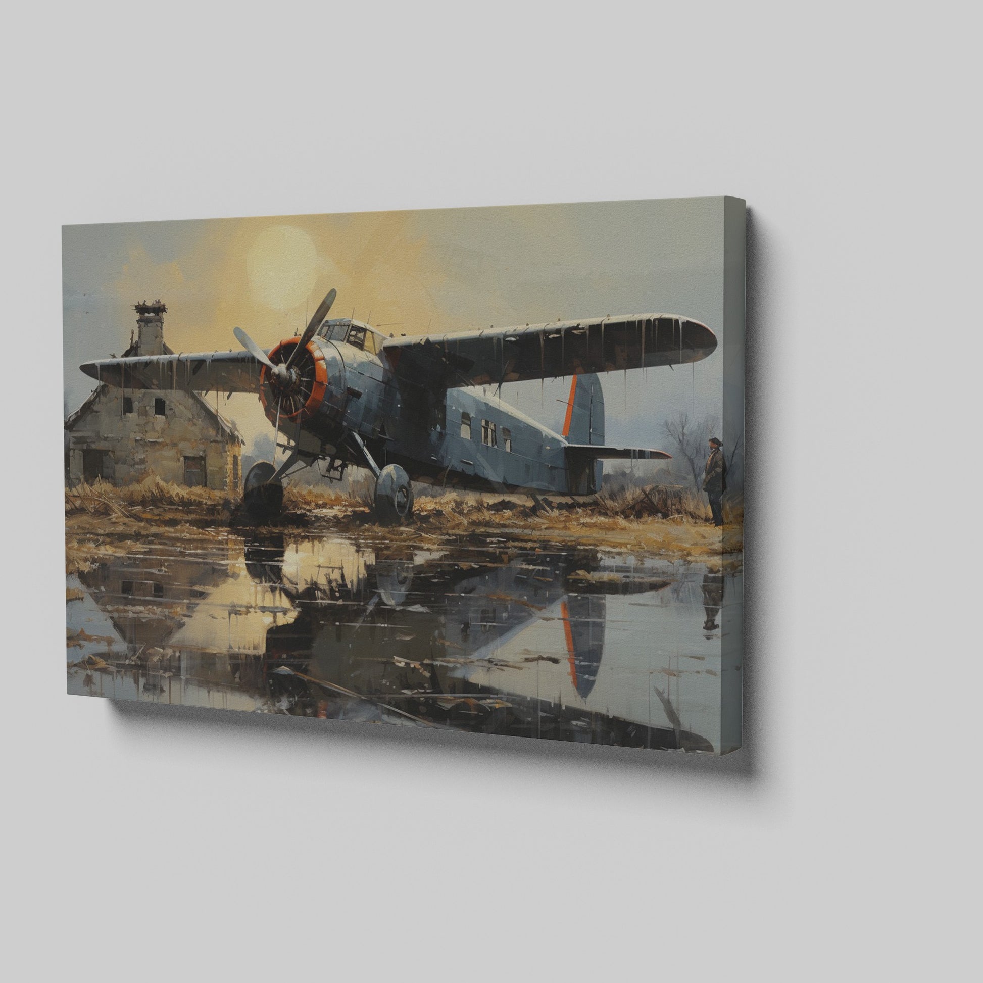 Framed canvas print of vintage airplane with warm sunset reflection on airfield