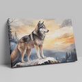 Framed canvas print of a majestic wolf overlooking a forest landscape at sunset