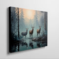 Framed canvas print of deer in a forest at sunrise with reflections in water, blue and orange tones