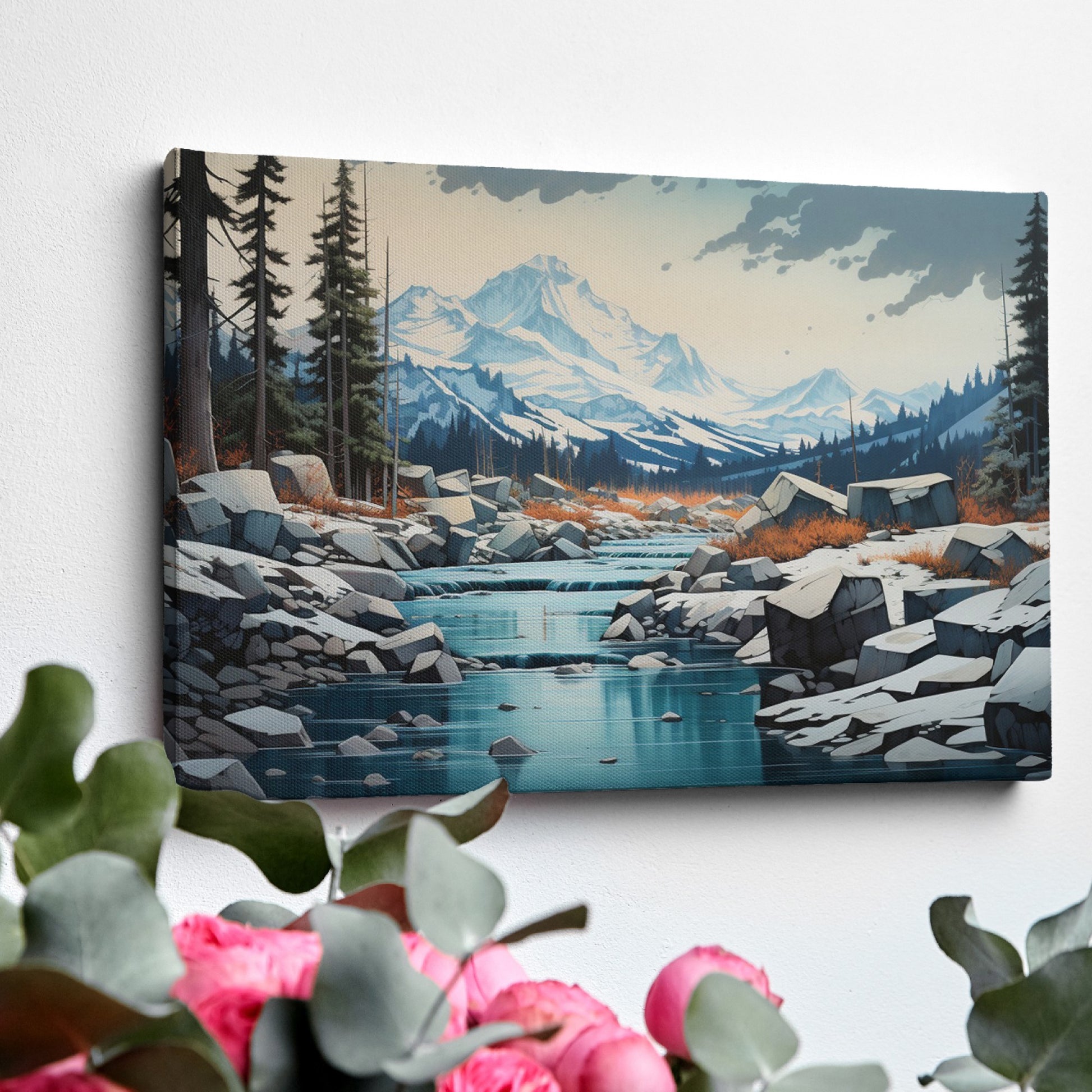 Framed canvas print of a serene mountain landscape with snow-covered peaks, a flowing river, and a forest in digital art style.