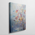 Framed canvas print of an impressionist painting with colourful birds and flowers by a lake