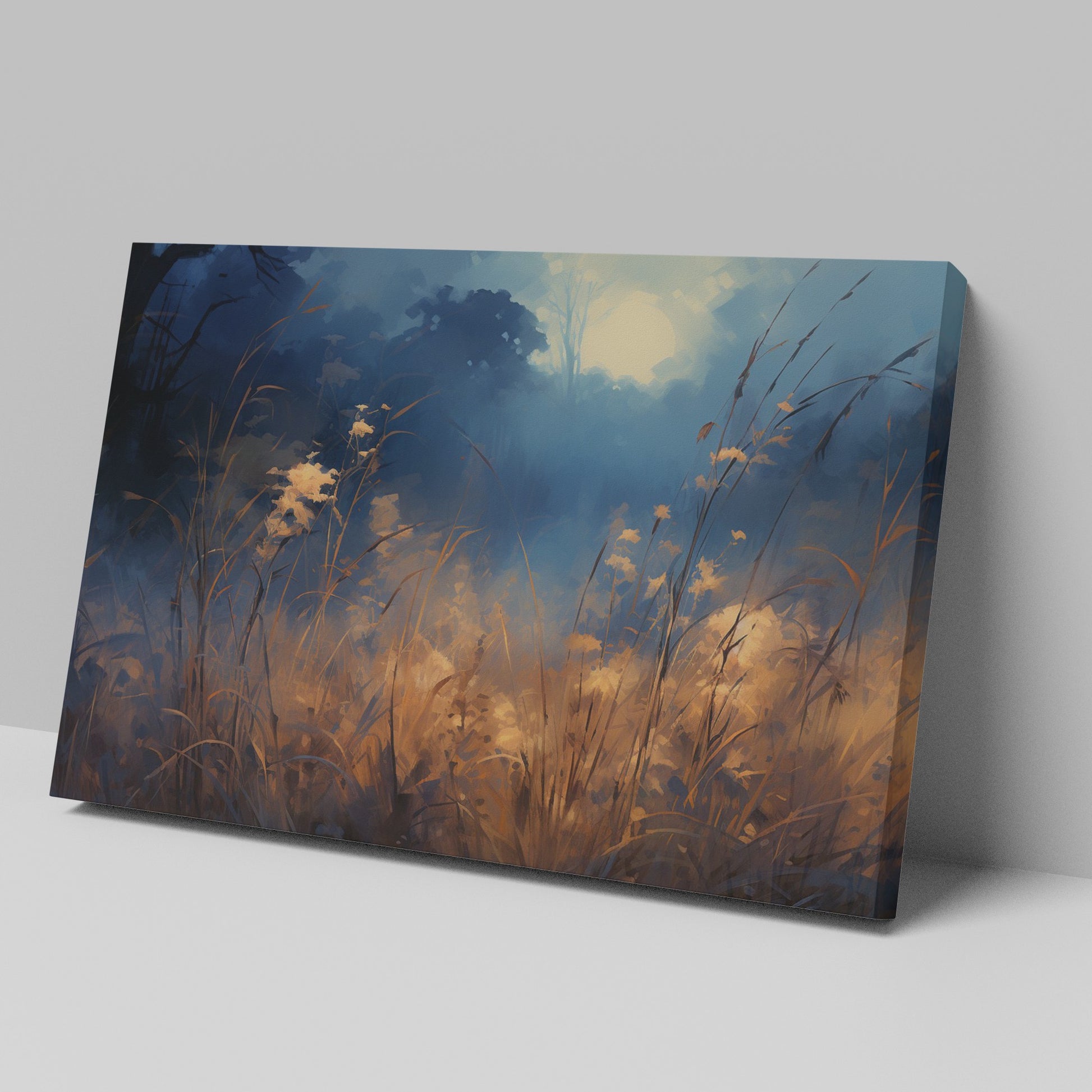 Framed canvas print of an impressionist landscape depicting a misty wilderness at sunrise with a blue and gold colour scheme