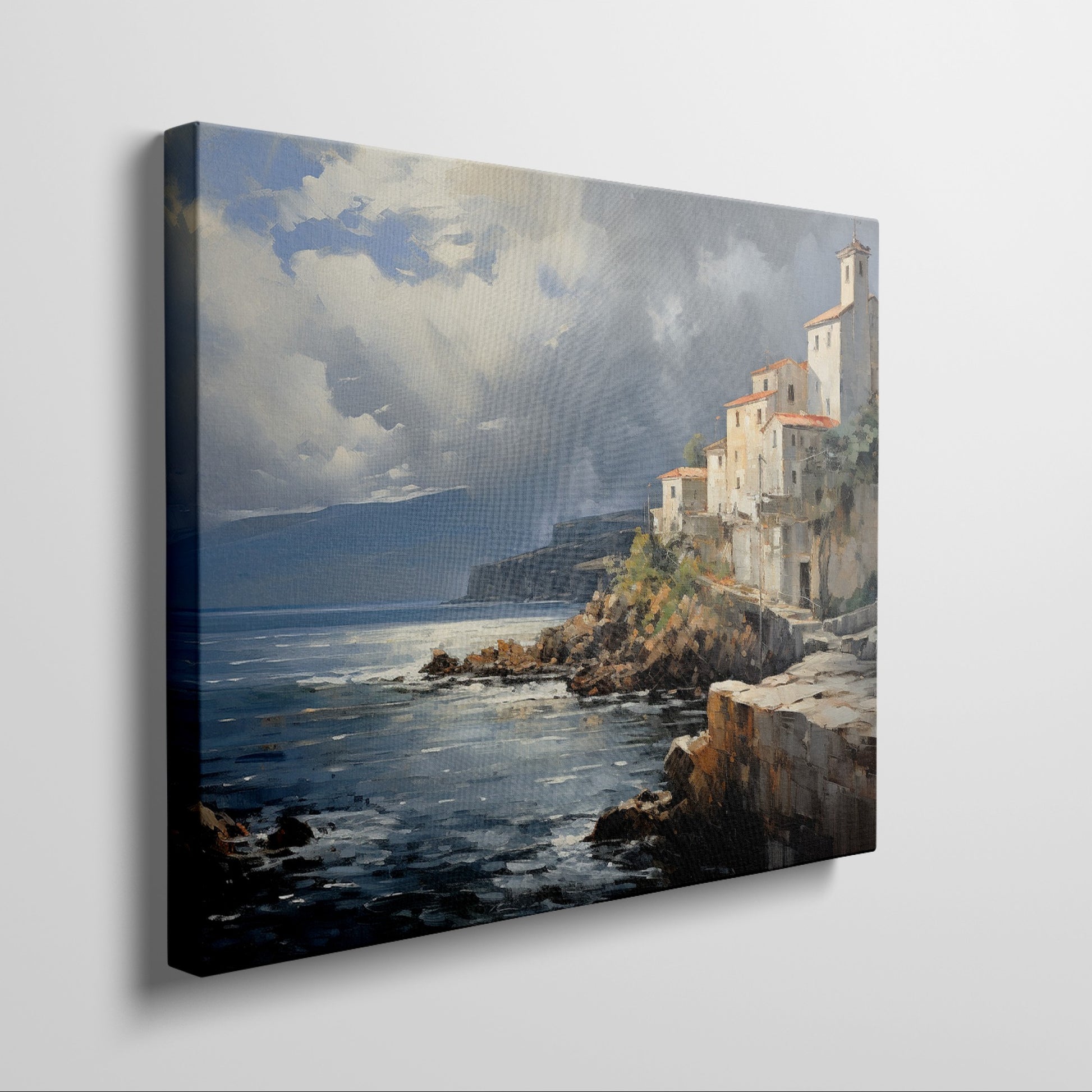 Framed canvas print of a realistic painting depicting a cliffside Mediterranean village with vivid blue sea and sky