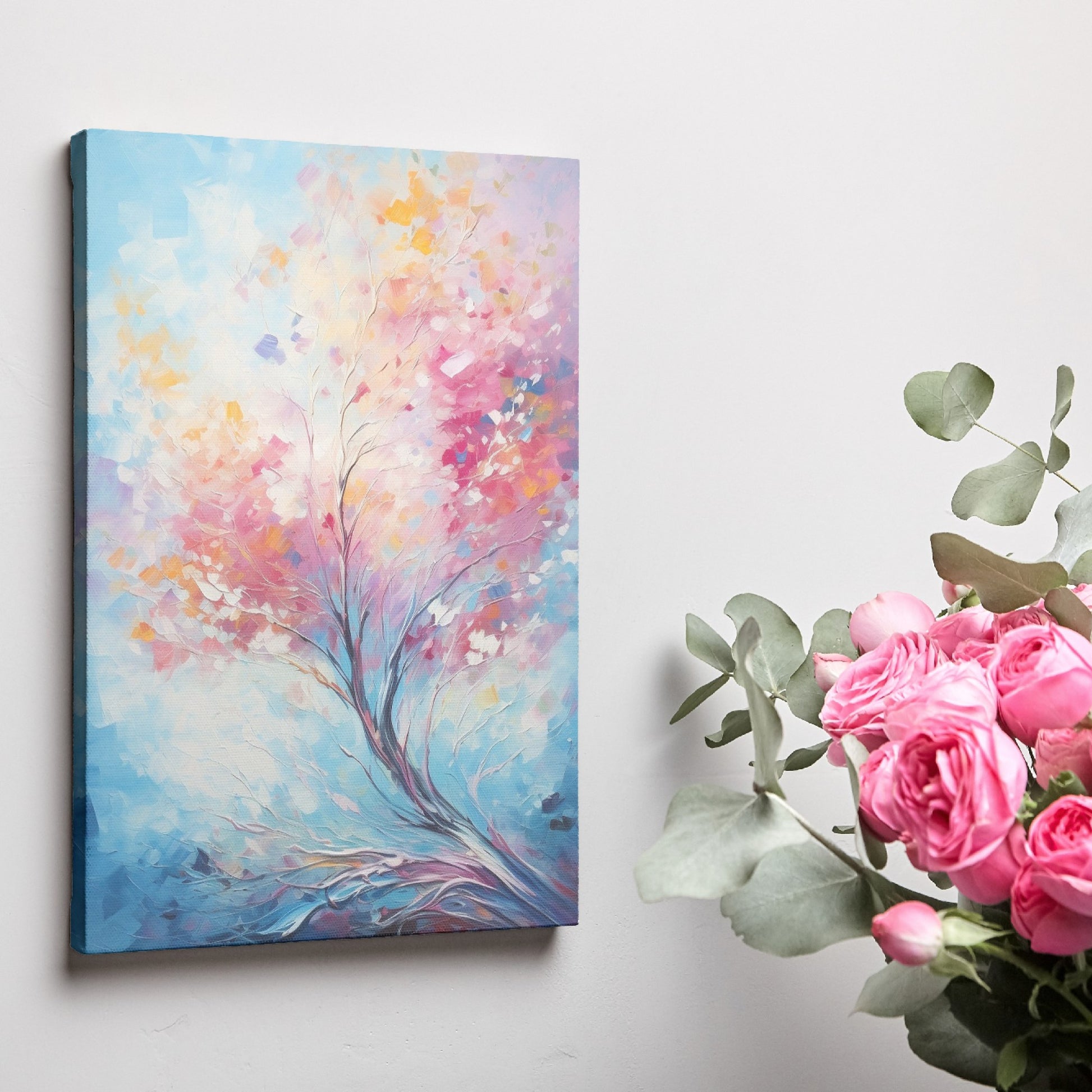 Framed canvas print of an abstract impressionist tree with vibrant pink, orange, and blue colours