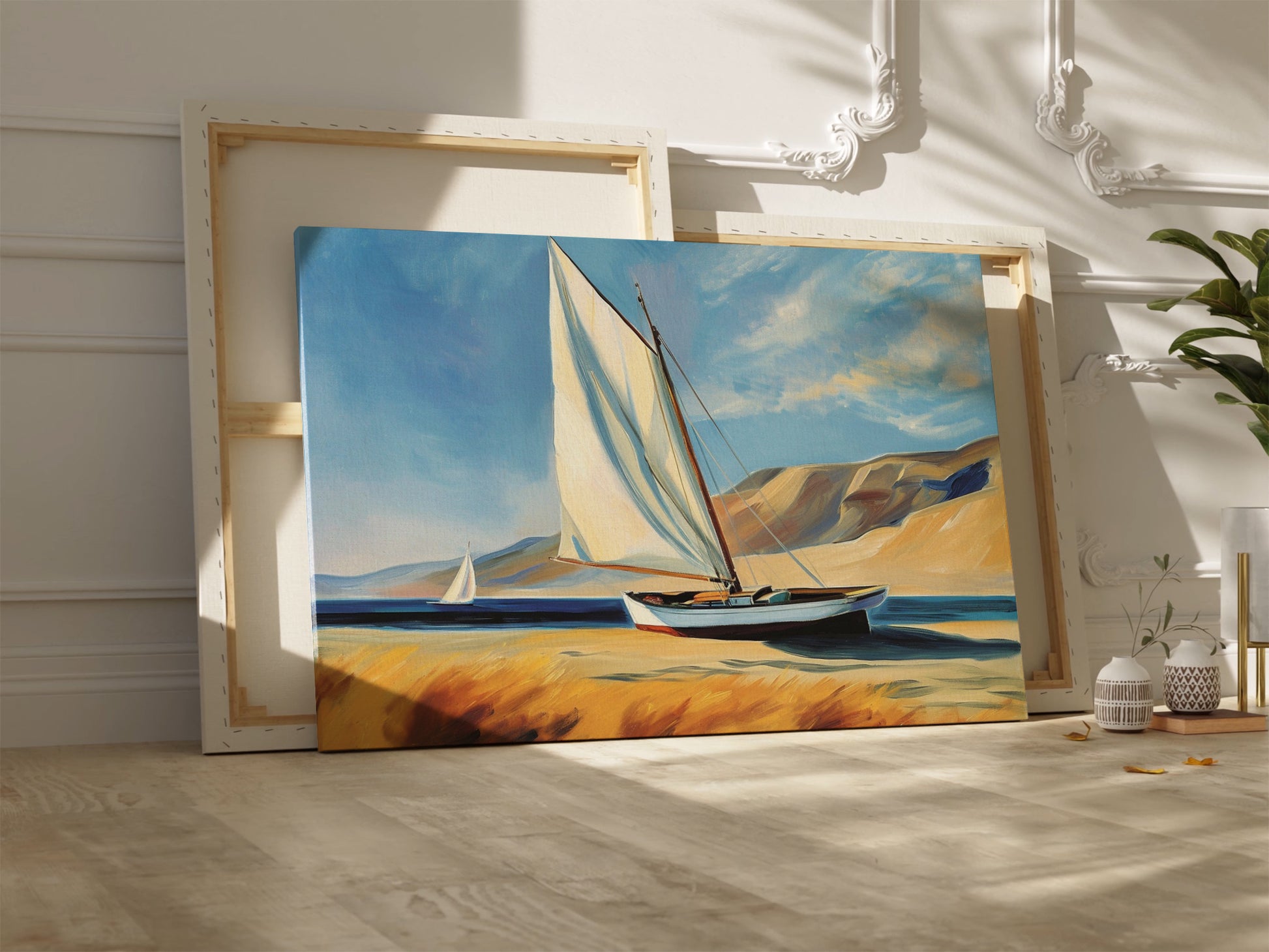 Framed canvas print of sailing boats with white sails against a backdrop of blue skies and dunes