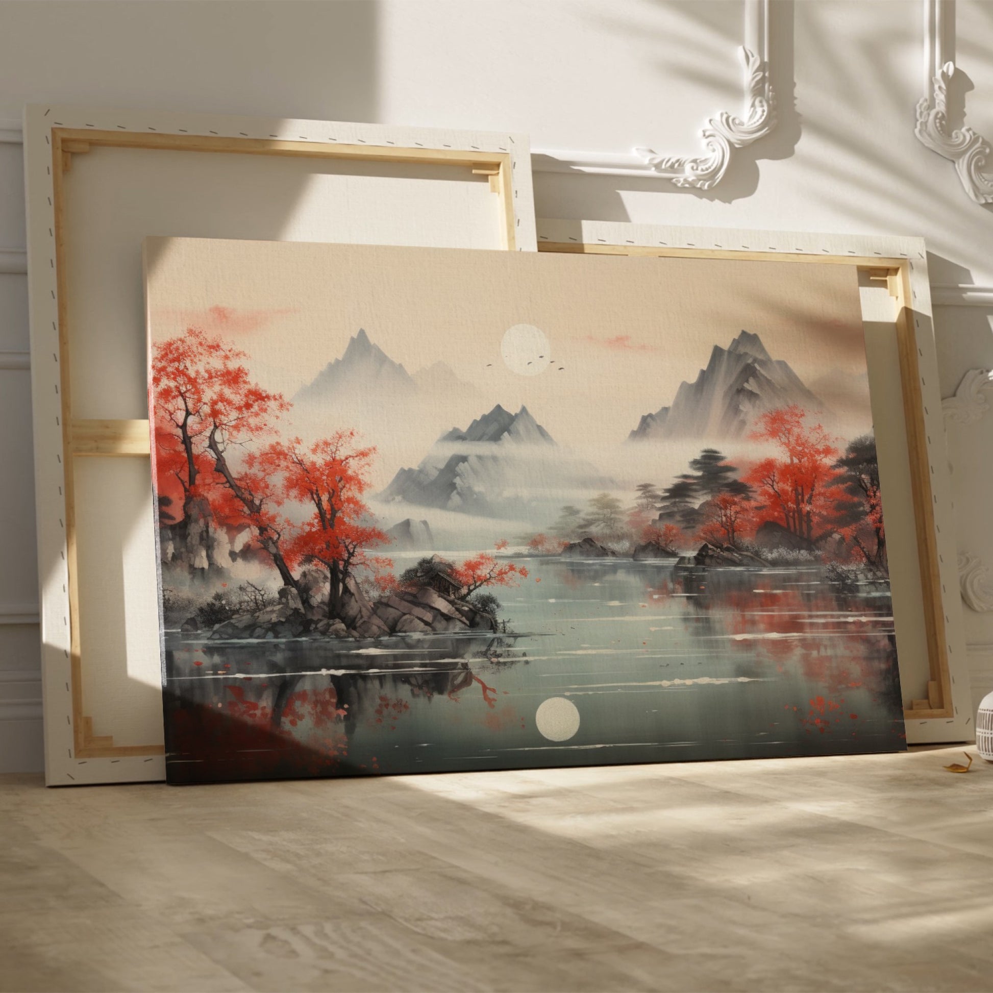 Framed canvas print of Oriental landscape with red autumn leaves and mountain reflections