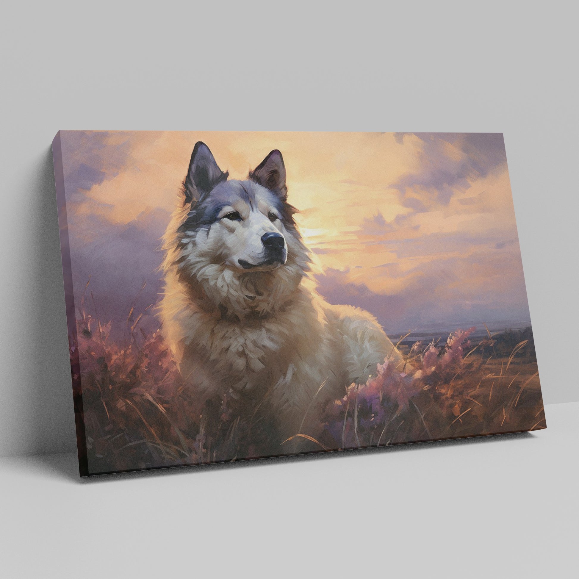 Framed canvas print of a serene dog portrait at sunset with warm amber and lavender tones