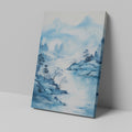 Framed canvas print of a tranquil blue watercolour landscape with misty mountains, silhouetted trees, and flying birds