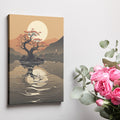 Framed canvas print of an Asian-inspired serene bonsai tree silhouette with sunset and mountain