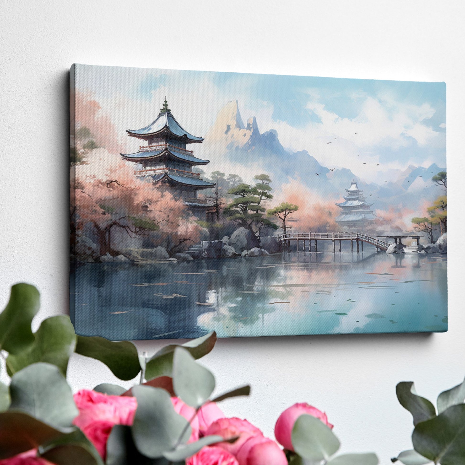 Framed canvas print of traditional Japanese pagoda and cherry blossoms with mountains in the background