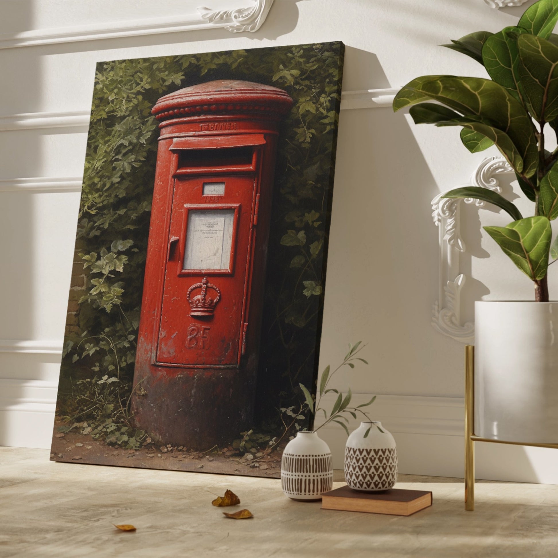 Framed canvas print of a classic British red postbox surrounded by greenery