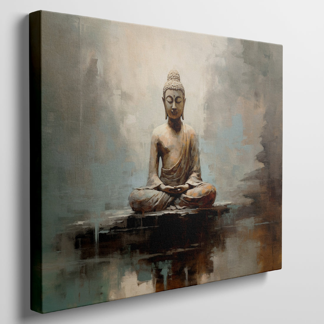 Framed canvas print of an abstract Buddha in meditation with earthy tones