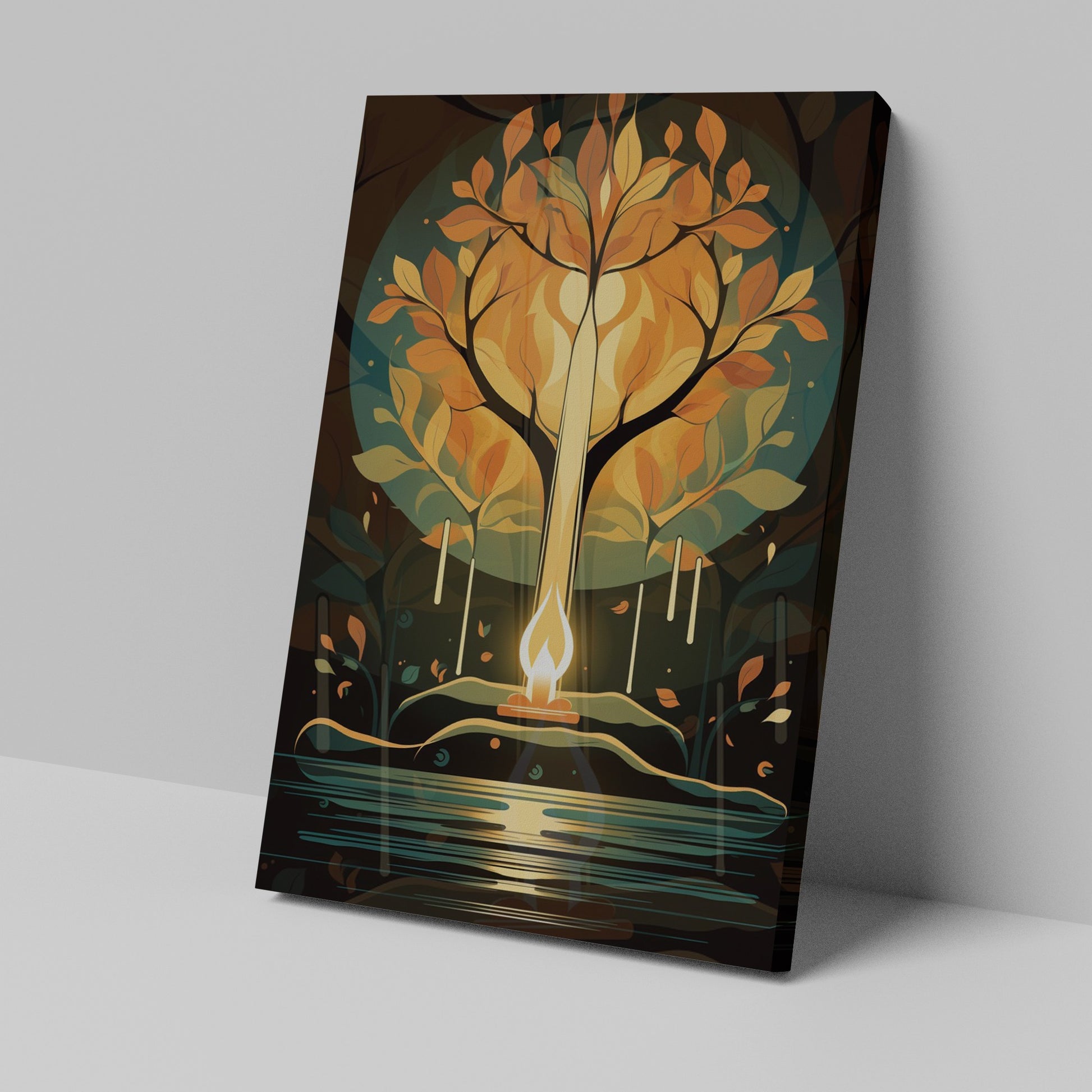 Stylized candle with a tree formation surrounded by autumn leaves against a dark background