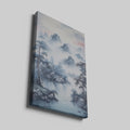 Framed canvas print of traditional Chinese landscape with misty mountains, pine trees, and lake