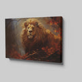 Framed canvas print of a majestic lion in an autumn forest with vibrant red and orange leaves