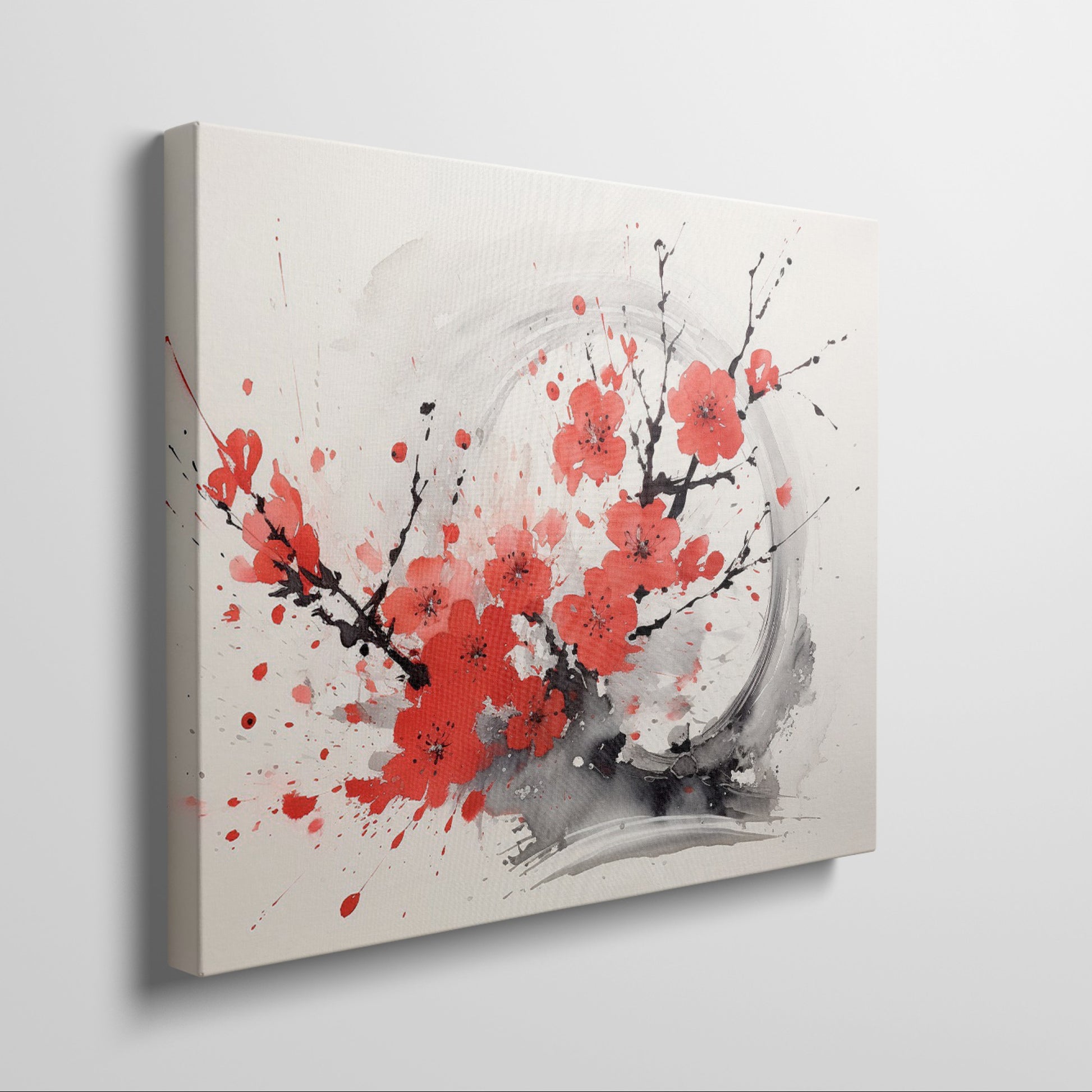 Framed canvas print of abstract ink wash cherry blossoms in vibrant red and black