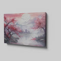 Framed canvas print of an Asian landscape with cherry blossoms and a pagoda at sunset