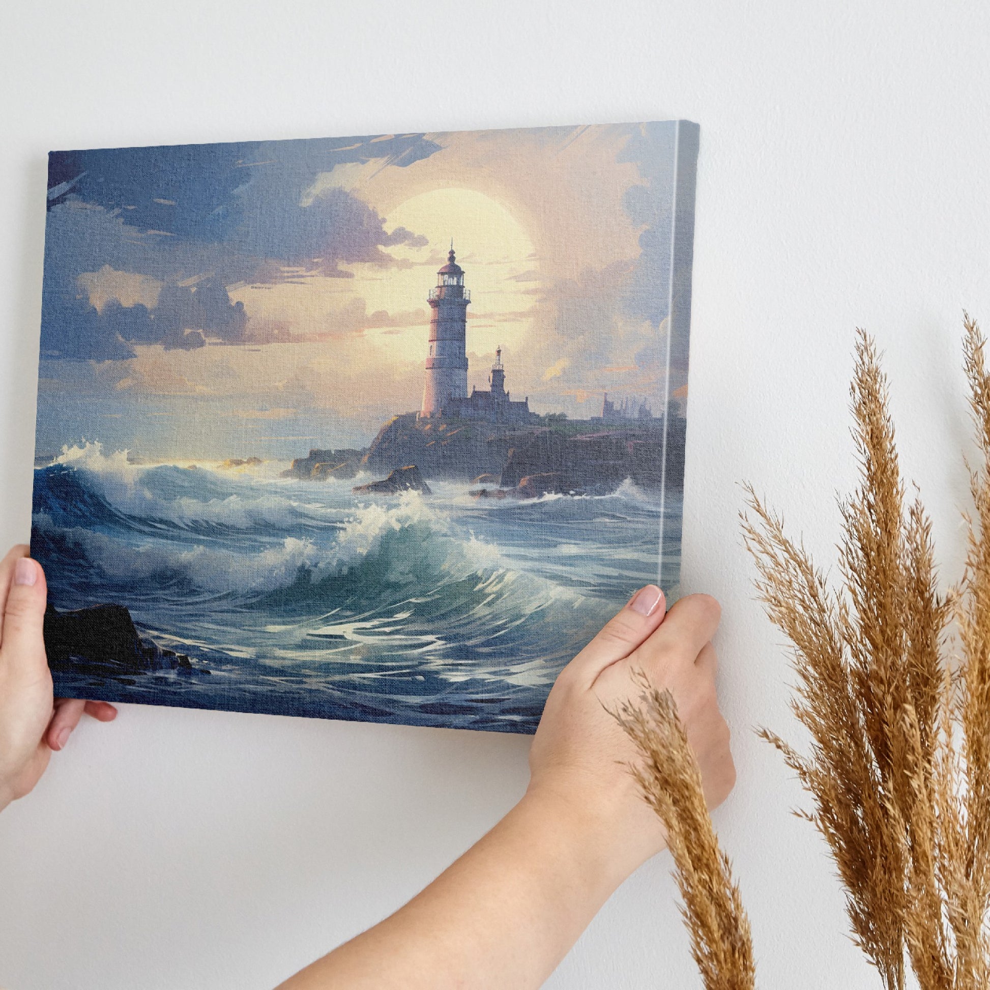 Framed canvas print of a lighthouse by the sea at sunset with crashing waves