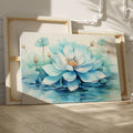 Framed canvas print of a serene watercolour lotus flower in delicate blues and whites