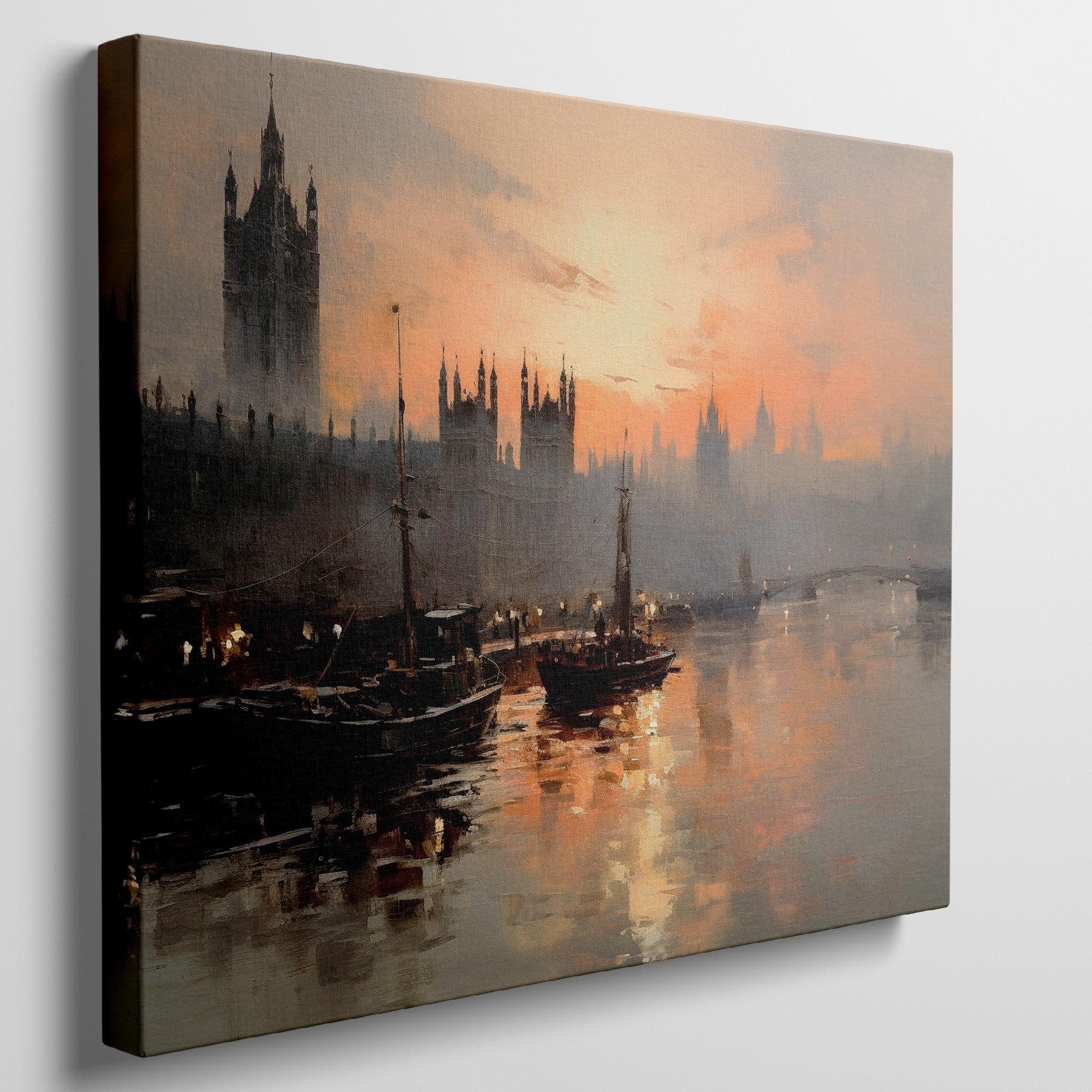 Framed canvas print of a sunset over the River Thames with London skyline and boats in impressionist style