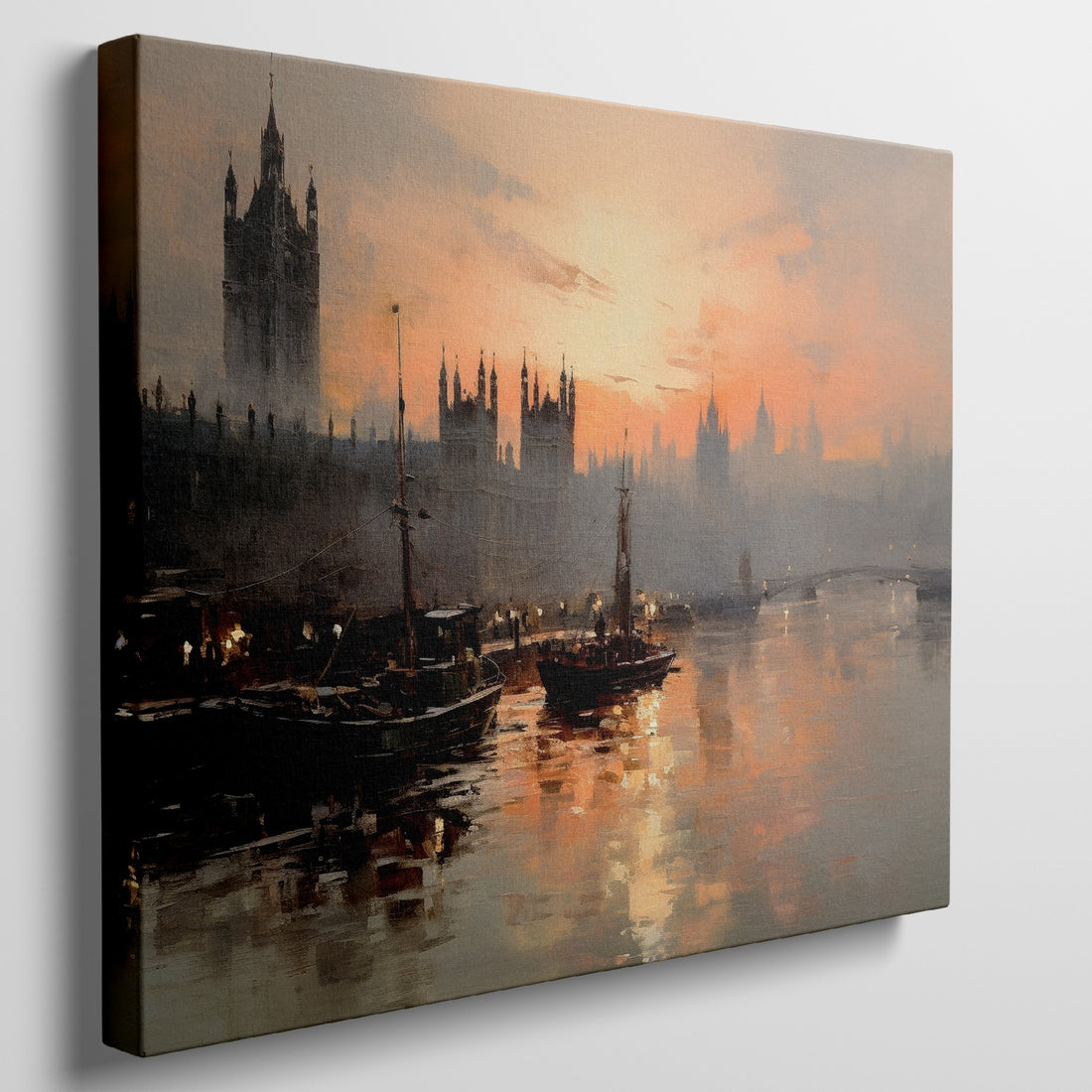 Framed canvas print of a sunset over the River Thames with London skyline and boats in impressionist style