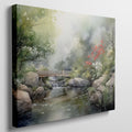 Framed canvas print of a serene Japanese garden with a bridge, waterfall, and flowers