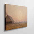 Framed canvas print of golden sunrise with a thatched cottage in a tranquil countryside scene