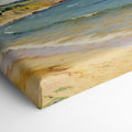 Framed canvas print of Impressionist seascape featuring a sunlit British coastline with blue waters and sandy beach