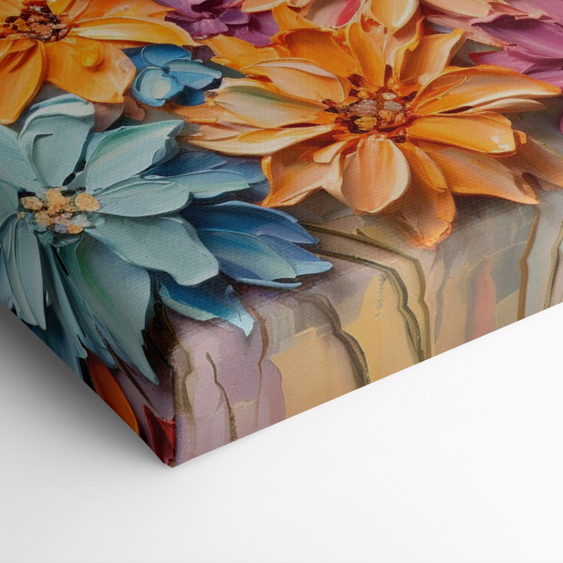 Framed canvas print of vibrant impasto flowers with 3D texture in bright colors