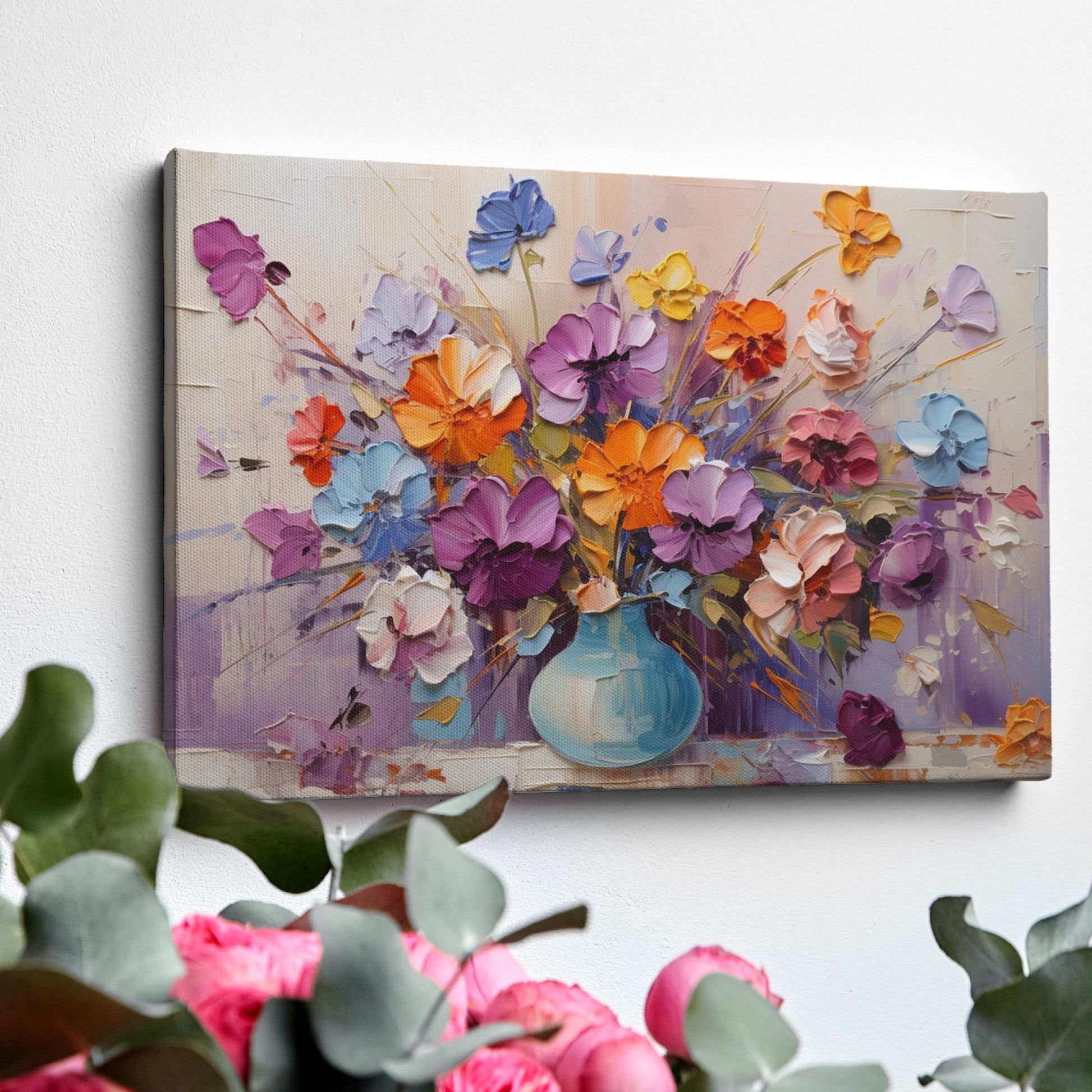 Framed canvas print of vibrant impasto bouquet in a vase with rich textures and colours