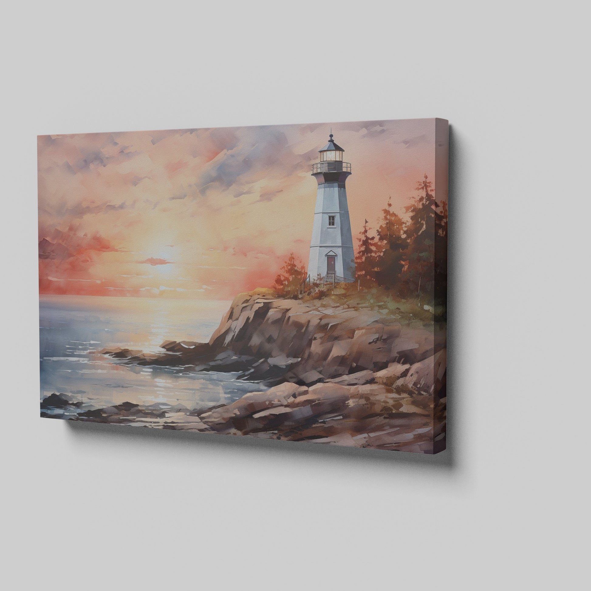 Framed canvas print of a watercolour lighthouse seascape at sunset with vibrant hues of pink, blue, and gold