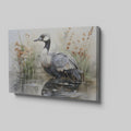 Framed canvas print of a crane amongst reeds in a watercolor wetland scene with neutral tones