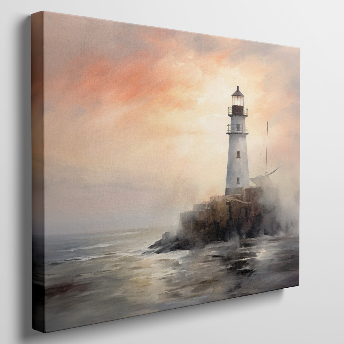 Impressionistic lighthouse on rocky shore with sailing boat at sunset