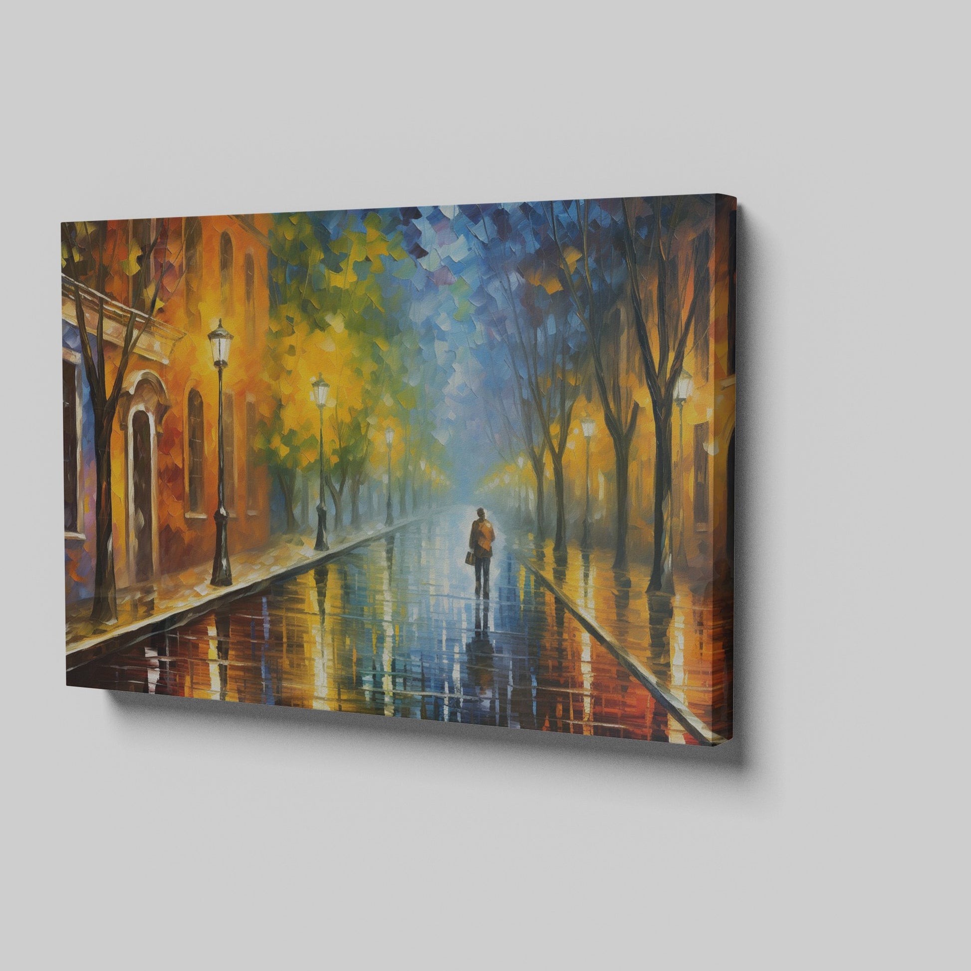 Framed canvas print of a rainy city street scene with vibrant colours and reflections