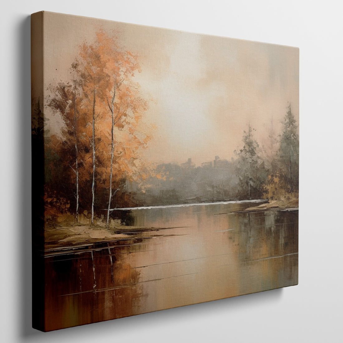 Impressionist painting of a lake with autumn trees and calm water reflections in warm golden and brown tones