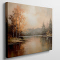 Impressionist painting of a lake with autumn trees and calm water reflections in warm golden and brown tones