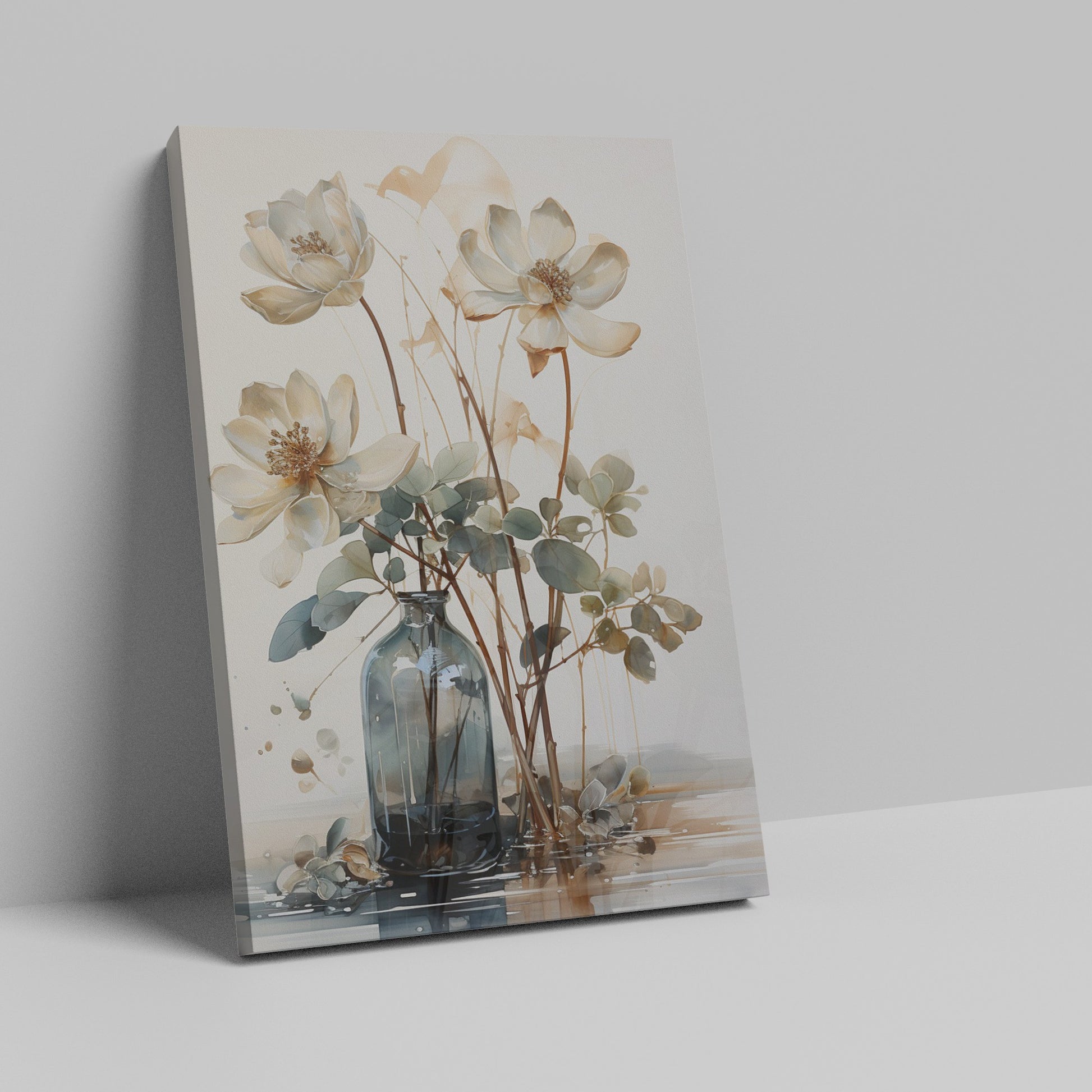 Framed canvas print of watercolor flowers in a glass vase with soft beige and brown tones