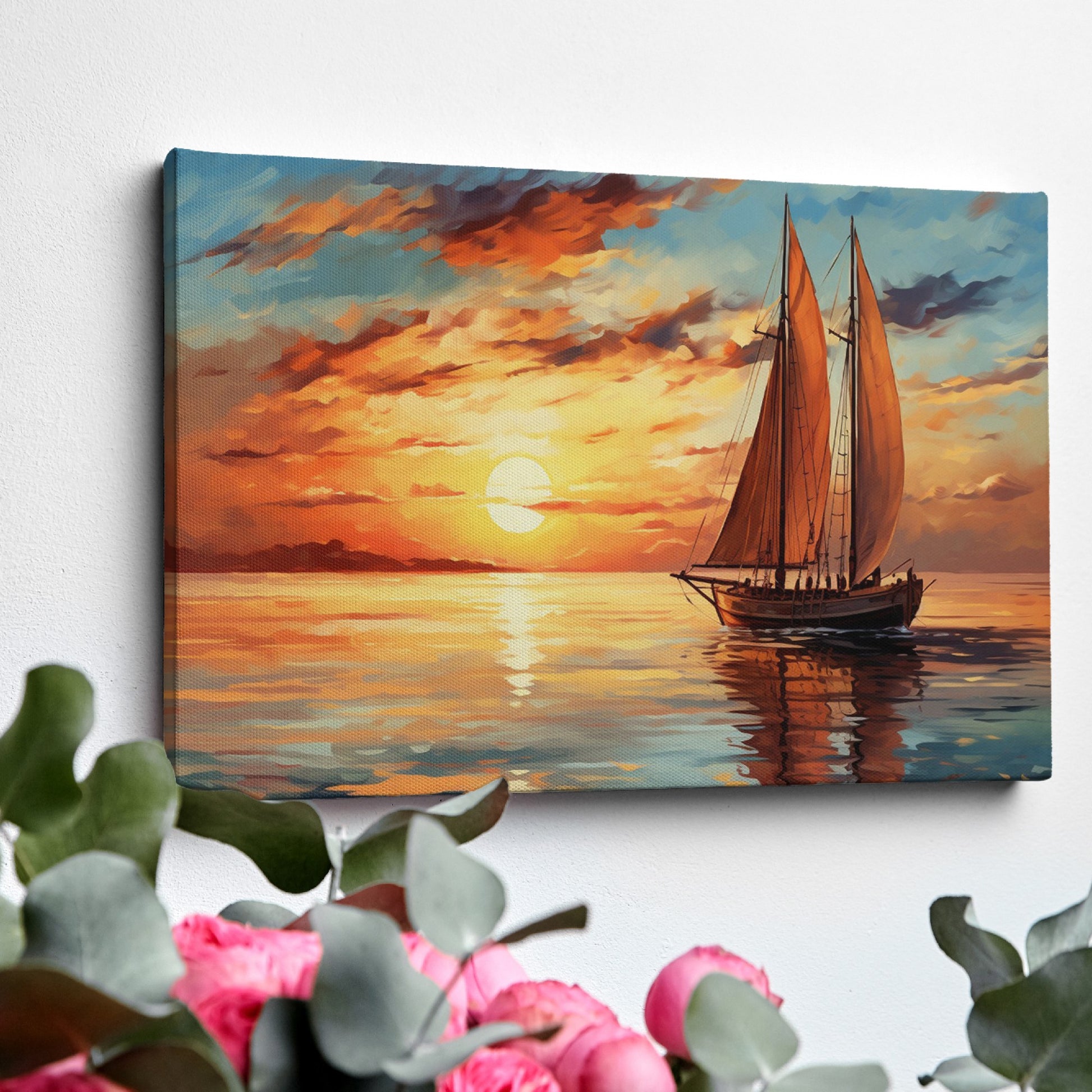 Impressionistic canvas painting of a sailboat at sunset with vivid orange sky and calm sea reflections