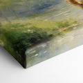 Framed canvas print depicting an impressionistic scene of a deer in a lush green forest with sunlight filtering through