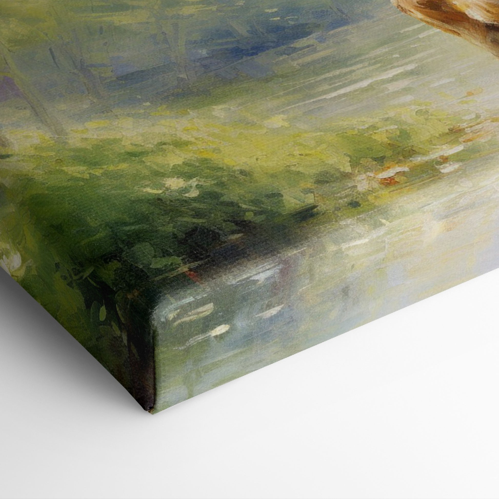 Framed canvas print depicting an impressionistic scene of a deer in a lush green forest with sunlight filtering through