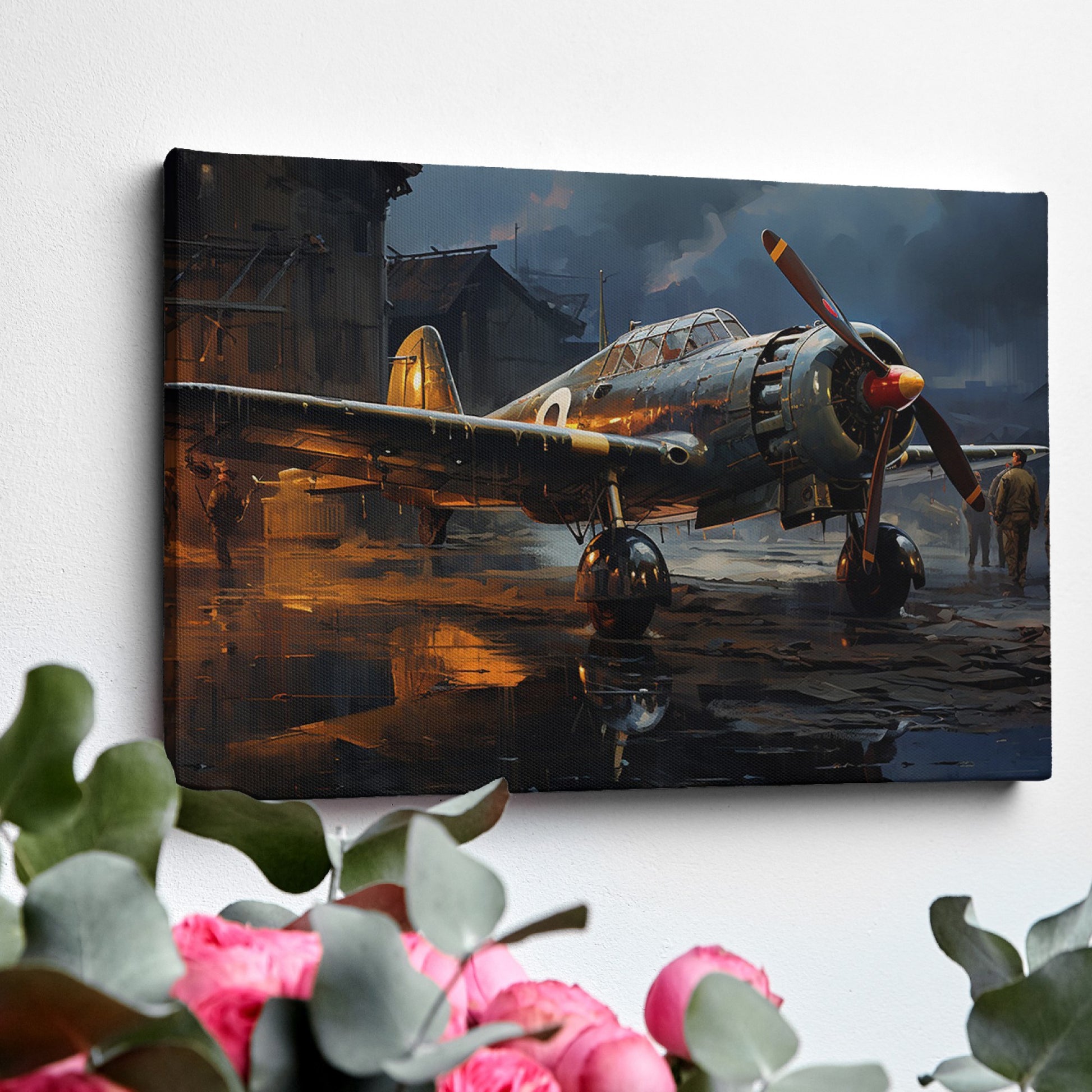 Framed canvas print of a vintage WWII fighter plane on a reflective rainy tarmac