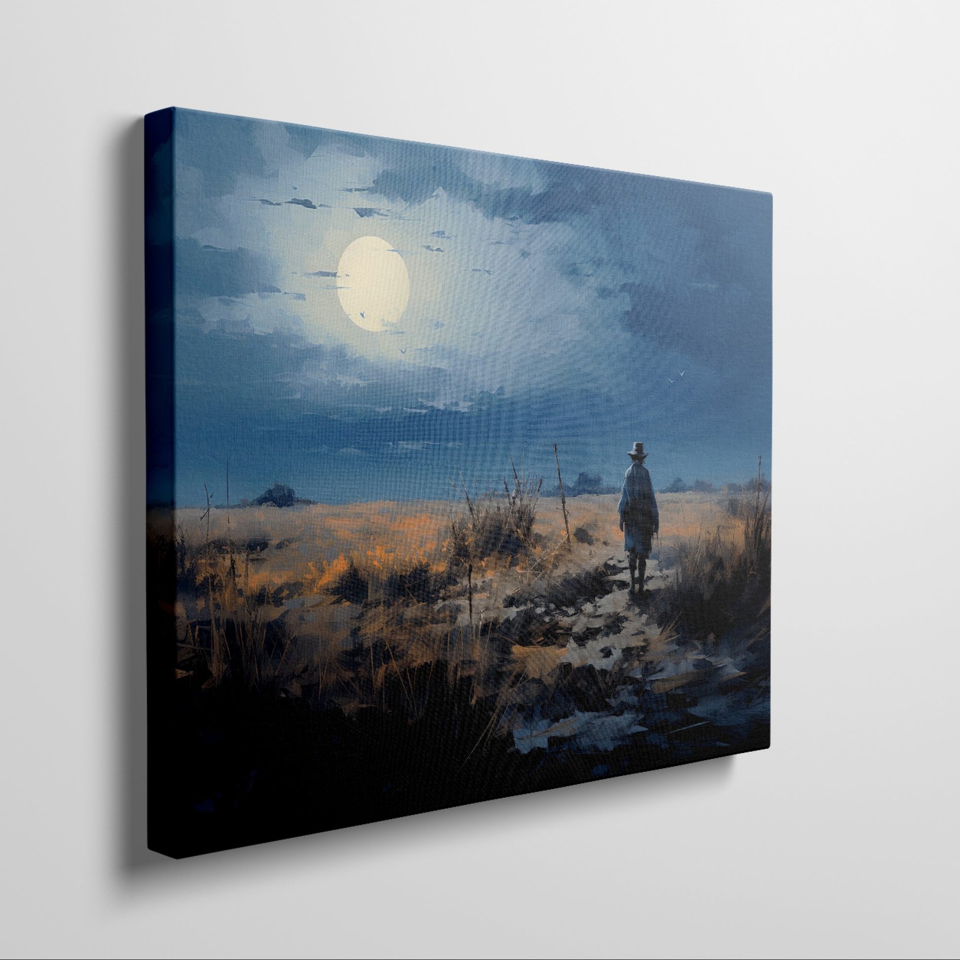 Framed canvas print of a digital painting featuring a cowboy silhouette against a vibrant sunset landscape