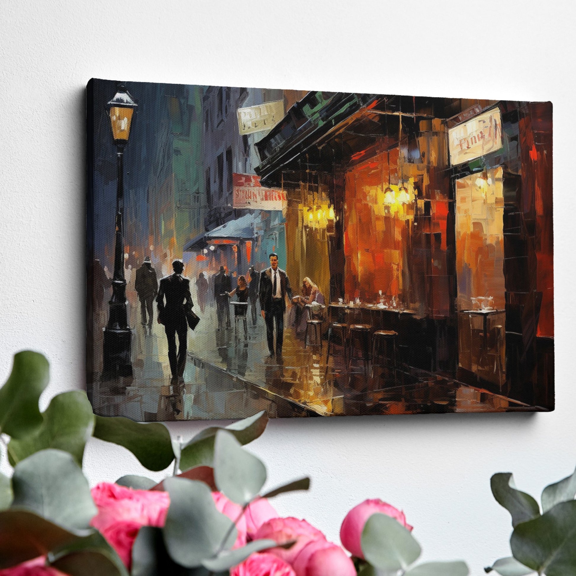 Framed canvas print of a rainy evening cityscape with warm glowing lights and reflections