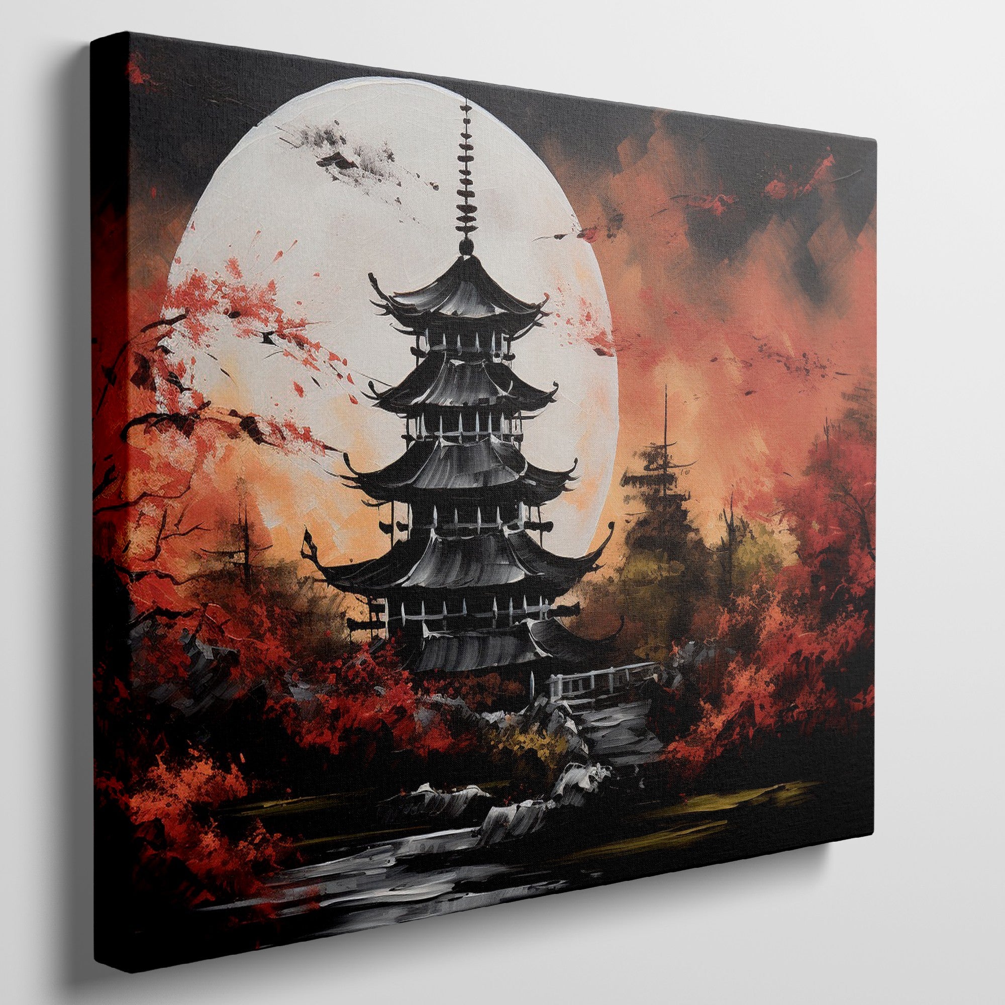 Framed canvas print of a traditional Asian pagoda under a full moon with vibrant autumn red and black colours