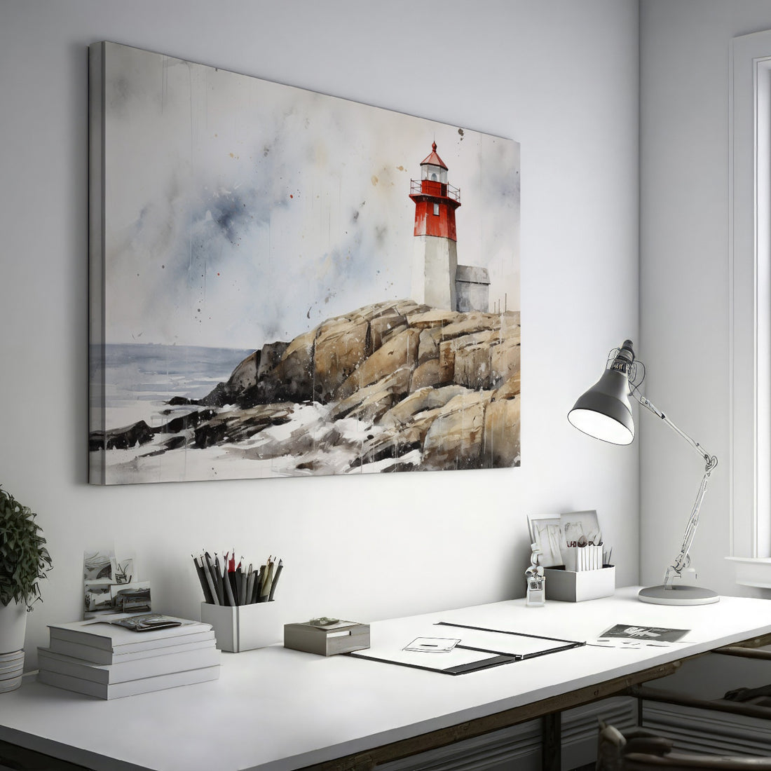 Watercolor painting of a red and white lighthouse on cliffside with sea in the background