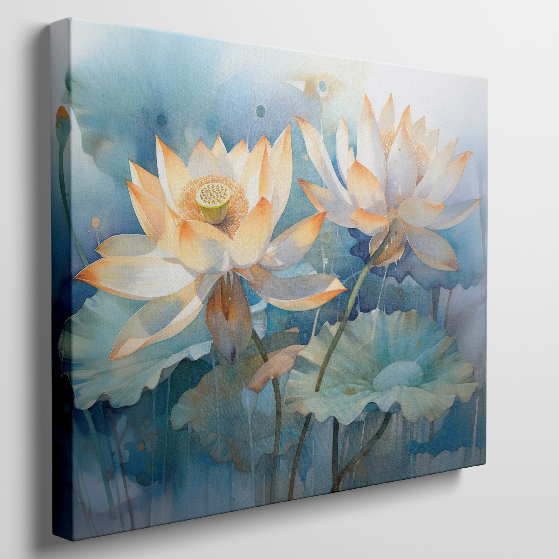 Framed canvas print of tranquil watercolor lotus flowers with pastel hues on a serene blue background