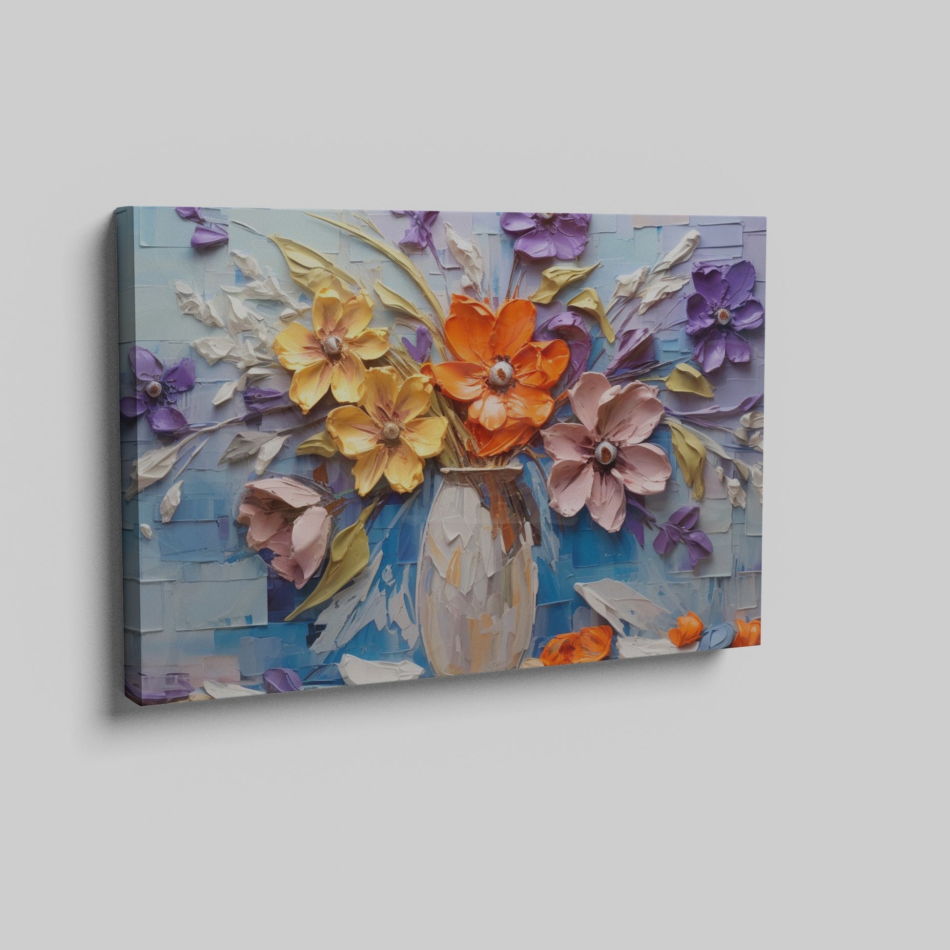 Framed canvas print of embossed and textured colourful flowers in impasto style