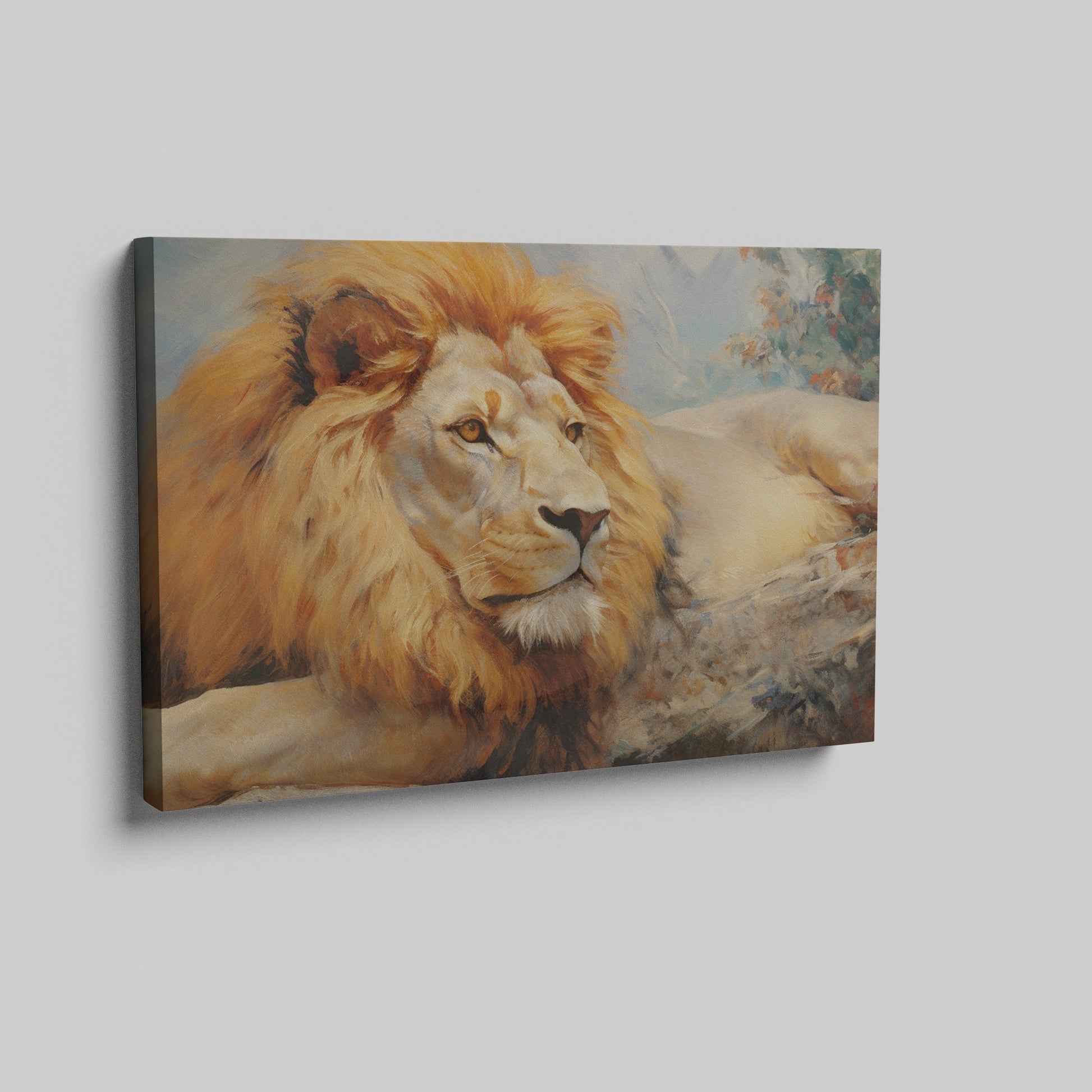 Framed canvas print of a realistic African lion resting, with warm colour tones and detailed texture