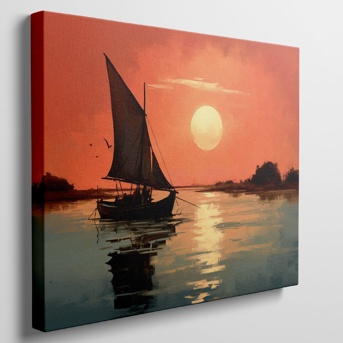 Framed canvas print of a sailboat against an orange sunset with water reflections