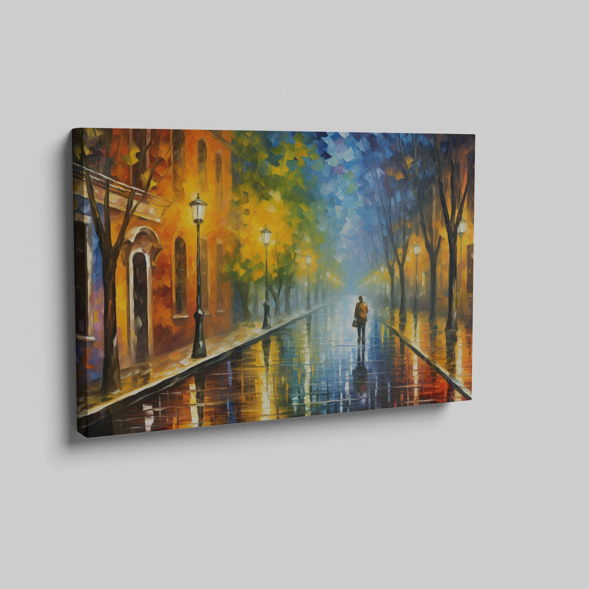 Framed canvas print of a rainy city street scene with vibrant colours and reflections